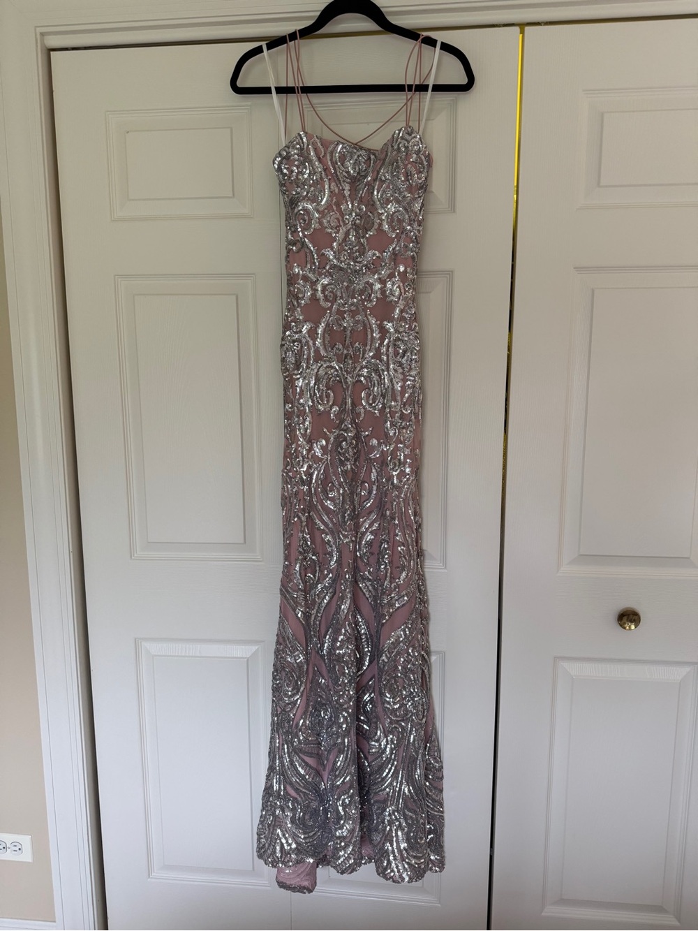 Silver Sequin Embellished Pink Evening Gown